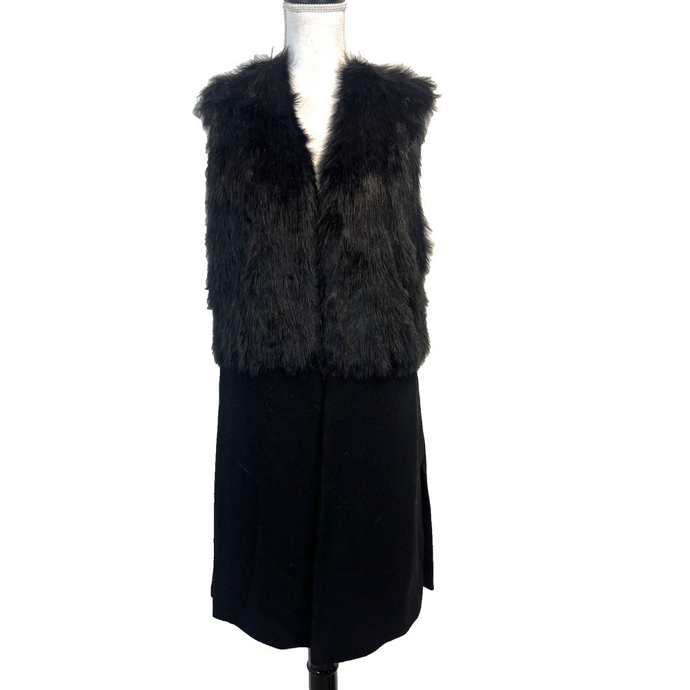 RD Style Faux Fur Vest Duster Women's sz S Black Long Open Front Evening Career